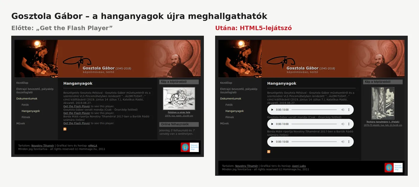 Gosztola Gábor Hanganyagok oldala előtte és utána. Előtte három „Get the Flash Player” felirat, utána három működő hanglejátszó.
